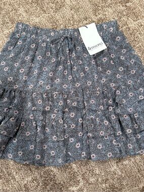 &merci Floral Blue Ruffle Tiered Mini Skirt